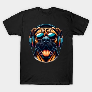 Grinning Boerboel as Smiling DJ with Headphones T-Shirt